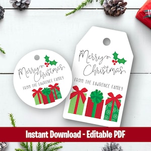 Bearbeitbarer druckbarer Weihnachtsanhänger Frohe Weihnachten, Geschenk, Geschenk, Kreis, Benutzerdefiniert, niedlich festlich einfach Nachbar Familie Günstige DIY Idee Ideen