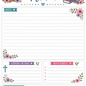 Könnte beinhalten: Eine druckbare Seite für Kirchennotizen mit einer Illustration einer Kirche, einem Kreuz, Büchern und einer Tasse. Das Layout enthält Abschnitte für Notizen, Schriftstellen, Gebetsanliegen und zusätzliche Notizen, verziert mit floralen Motiven.