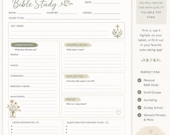 May include: A digital Bible study form template featuring sections for book, chapter, verses, observation, interpretation, application, and prayer. The layout includes floral illustrations, a cross icon, and text prompts for personal study notes on a white background.