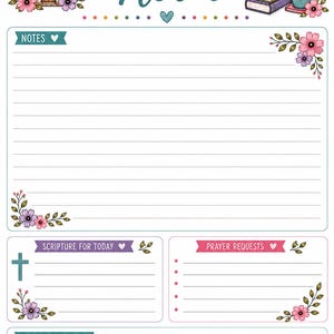 以下が含まれることがあります： Church Notesと題された白い紙のメモ帳で、花のイラスト、教会、十字架、本が描かれています。メモ、今日の聖句、祈りのリクエスト、追加メモのセクションがあり、Let all that you do be done in love.というテキストが記載されています。