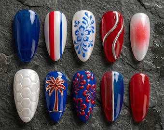 Haiti Football Press On Nails World Cup 2026 Soccer Nails Red Blue White Fake Nails 3D Tropical Nails Almond Shape Glue On Nails Art