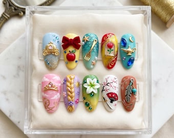 Disney Princess Press On Nails, Custom Fairy Tale Fake Nails, Whimsical Storybook Nail Art, Handcrafted Royal Castle False Nails