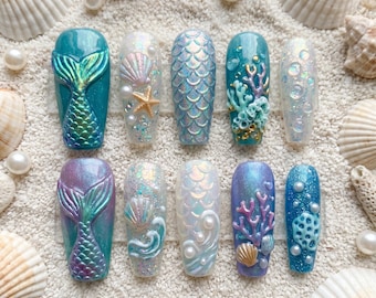 Mermaid Press On Nails, 3D Sea Shell Nails, Ocean Beach Fake Nails, Holographic Scale Nails, Starfish Gel Nails, Handmade Nails