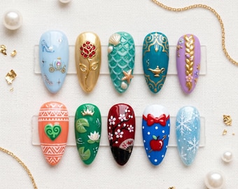 Gorgeous Princesscore Gel Tip | Premium Keepsake | Customized Fake Nails | Beautiful Moana Ocean Tribal Decor | Mulan Cherry Blossom