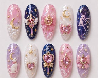 Celestial Magical Girl Press On Nails | 3D Moon & Star Galaxy Nail Art | Pink Purple Anime Inspired Fake Nails | Luxury Wand Heart Nail Set