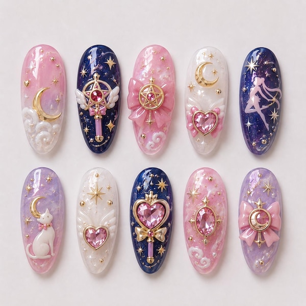 Celestial Magical Girl Press On Nails | 3D Moon & Star Galaxy Nail Art | Pink Purple Anime Inspired Fake Nails | Luxury Wand Heart Nail Set