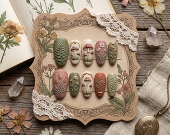 3D Cottagecore Mushroom Fern Press On Nails - Botanical Wildflower Sage Green Pink Nail Set