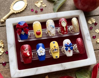Luxury Princess Press On Nails | 3D Apple & Red Bow Nail Art | Fairytale Royal Nails | Handmade Custom Fake Nails | Unique Gift for Her