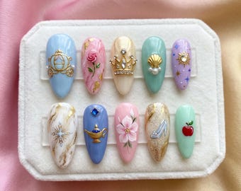Handmade Ariel Mermaid Pressons | Elegant Jasmine Magic Lamp Manicure | Cinderella Carriage Glue On Nails | Snow White Apple Fake Nail |