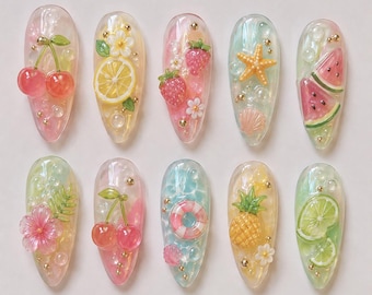Summer Fruit Press On Nails | 3D Cherry Strawberry False Nails | Tropical Lemon Pineapple Jelly Nails | Handmade Pool Party Nail Art