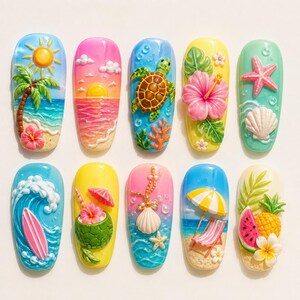 May include: A collection of ten artificial nails with a summer theme. Each nail features a unique design, including a beach scene with a palm tree, a sunset, a sea turtle, a hibiscus flower, a starfish, a wave with a surfboard, a coconut drink, and a beach chair.
