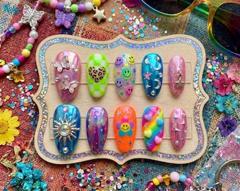 Colorful Kawaii Press On Nails 3D - Smiley Butterfly Rainbow Leopard Heart Fun Fake Nails
