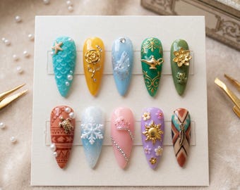 Pocahontas Feather Design | Gorgeous Princesscore Gel Tip | Premium Nostalgic Keepsake | Customized Fake Nail | Beautiful Moana Turtle Decor