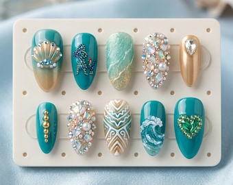 Ocean Princess Press On Nails | Teal Sea Shell False Nails | Tribal Wave 3D Nail Art | Island Voyage Fake Nails Glue On Luxury Set