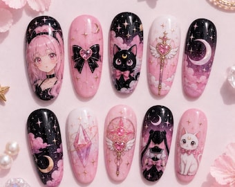 Pink Magical Girl Press On Nails Sailor Moon Anime Black Cat Wand Crystal Star Fake Nails