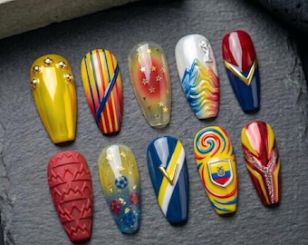 Ecuador Football Press On Nails World Cup 2026 Soccer Nails Yellow Blue Red Fake Nails 3D Sport Nails Coffin Shape Glue On Nails Art