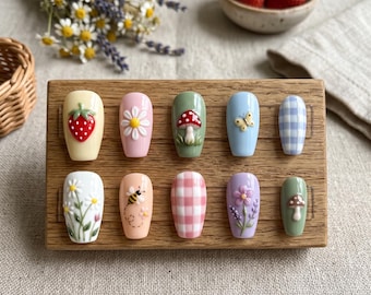 Cottagecore Press On Nails, Custom Strawberry Fake Nails, Whimsical Red Mushroom Nail Art, Handcrafted Gingham Plaid False Nails