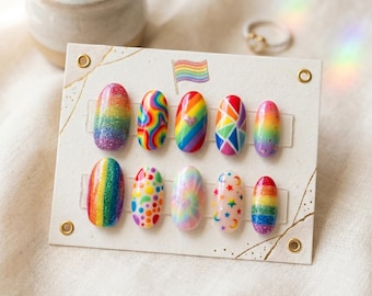 Rainbow Press On Nails | Handcrafted False Nails | Vibrant Pride Month | Custom Colorful Faux Nails | Cute Holographic Reusable Acrylics