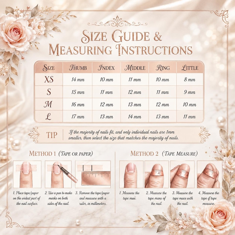 May include: A size guide and measuring instructions chart for nail sizes. The chart includes sizes XS to L, with measurements in millimeters for thumb, index, middle, ring, and little fingers. Instructions for measuring nails with tape or paper are also included.