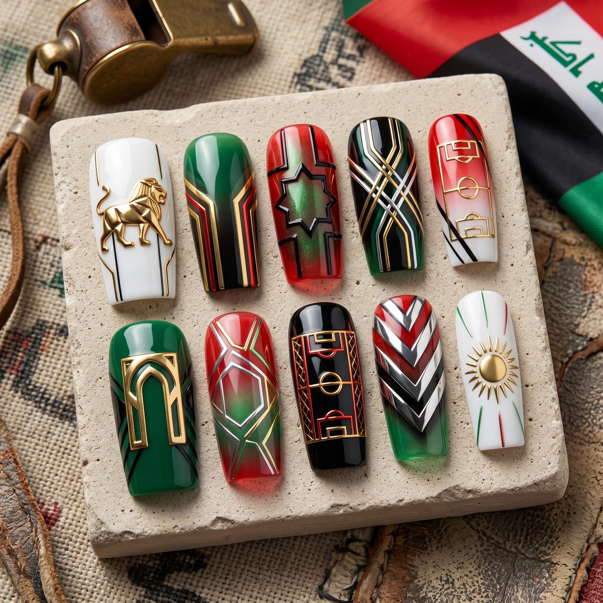 Iraq World Cup 2026 Press on Nails Lions of Mesopotamia Football Nail Art Green Red White Gold Sporty Luxury False Nails Soccer Fan Gift