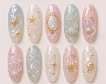 Iridescent Ocean Shell Press On Nails | 3D Mermaid Starfish Nail Art | Pastel Pearl Coastal Fake Nails | Luxury Starry Sea Vacation Nails