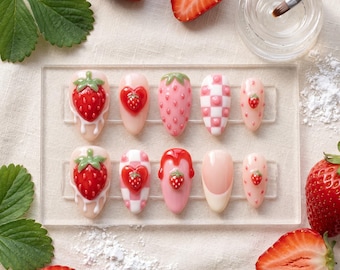 Strawberry Press On Nails, Cute Coquette Nails, 3D Fruit Nails, Pink Gingham Fake Nails, Handmade Gel Nails, Custom False Nails
