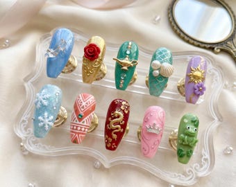 Gorgeous Princesscore Gel Tip | Customized Fake Nails | Beautiful Moana Tribal Decor | Mulan Majestic Dragon Design | Childhood Keepsake