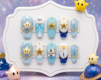 Kawaii Star Luma Press On Nails Set - Pastel Blue Galaxy Crown Wand Magic 3D Fake Nails