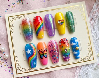 Customized Fake Nails | Beautiful Heart Charm Art | Gorgeous Festive Rhinestone Design | Stunning Rave Festival Gel Tip | Premium Keepsake