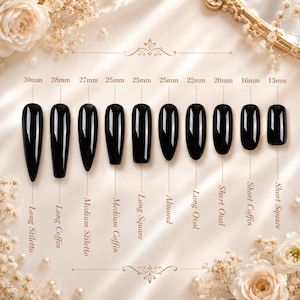 May include: A collection of black press-on nails in various shapes and sizes, including Long Stiletto, Long Coffin, Medium Stiletto, Medium Coffin, Long Square, Almond, Long Oval, Short Oval, Short Coffin, and Short Square. Measurements range from 13mm to 30mm.