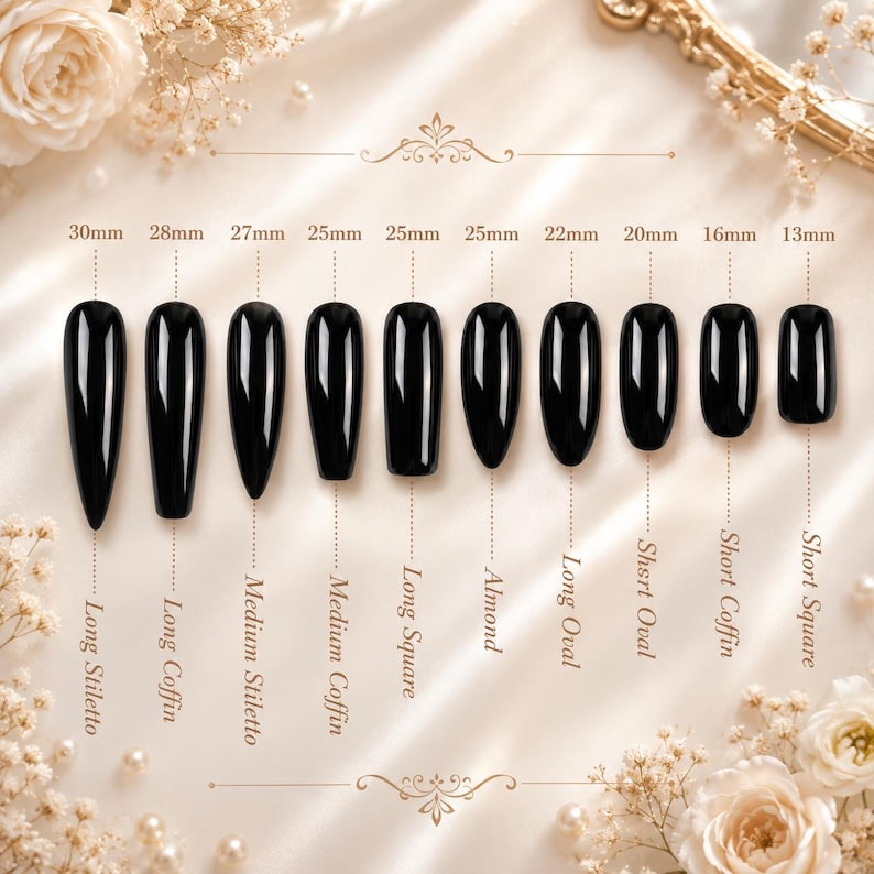 May include: A collection of black press-on nails in various shapes and sizes, including Long Stiletto, Long Coffin, Medium Stiletto, Medium Coffin, Long Square, Almond, Long Oval, Short Oval, Short Coffin, and Short Square. Measurements range from 13mm to 30mm.