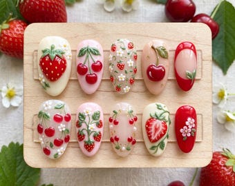 Strawberry Cherry Press On Nails 3D Fruit Nails Red Berry Fake Nails Almond Shape Glue On Nails Cottagecore Luxury Hand Painted Art