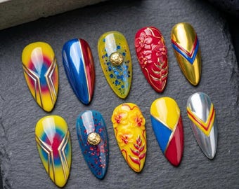 Colombia Football Press On Nails World Cup 2026 Soccer Nails Yellow Blue Red Fake Nails 3D Sport Nails Almond Shape Glue On Nails Art