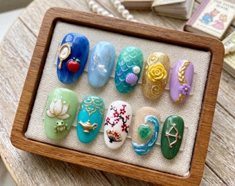 Disney Princess Press On Nails, Custom Fairy Tale Fake Nails, Whimsical Storybook Nail Art, Handcrafted Royal Castle False Nails