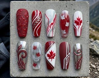 Canada Football Press On Nails World Cup 2026 Soccer Nails Red White Fake Nails 3D Maple Leaf Nails Coffin Shape Glue On Nails Art