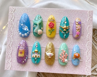 Pumpkin Carriage Fake Nail | Cinderella Glass Slipper Glue On Nails | Handmade Ariel Mermaid Pressons | Elegant Jasmine Magic Lamp Manicure