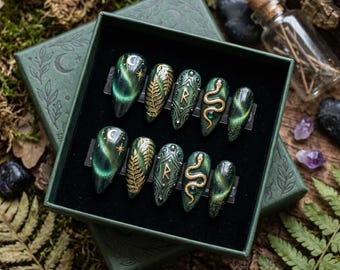 Witchy Press On Nails, Green Cat Eye Nails, Gothic Snake Nails, Gold Moon Rune Nails, Emerald Gel Nails, Forest Custom Nails