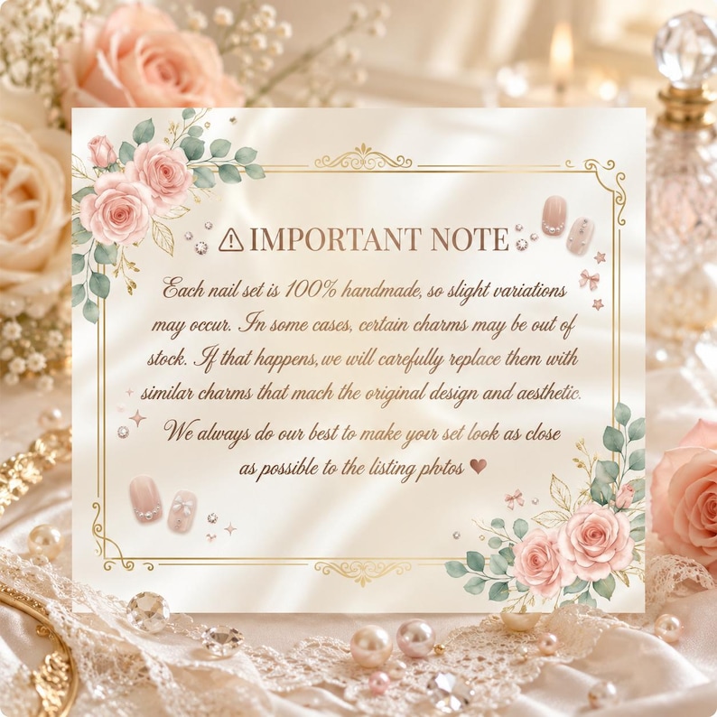 May include: A cream-colored card with a gold border and floral accents, featuring the text "IMPORTANT NOTE." The card includes text about handmade nail sets and potential variations. Pink roses and pearls decorate the background.