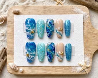 Deep Sea Press On Nails 3D Gold Starfish Nails Summer Beach Fake Nails Ocean Wave Nails Coffin Shape Glue On Nails Luxury Hand Painted