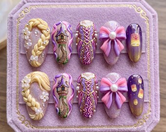 Long Hair Princess Press On Nails | Magical Tower False Nails | Purple Corset 3D Nail Art | Floating Lanterns Fake Nails Glue On