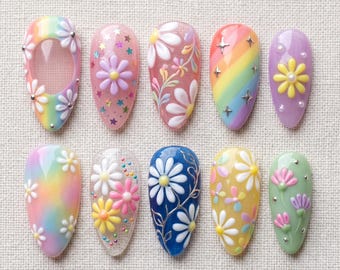 Custom Flower Press On Nails | 3D Daisy & Rainbow Nail Art | Vibrant Pastel Summer Nails | Reusable Luxury Fake Nails | Floral Gift for Her