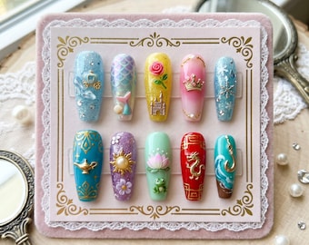 Sleeping Beauty Crown Tip | Sweet Rapunzel Golden Sun Idea | Elsa Snowflake Gift | Handcrafted False Nails | Belle Enchanted Rose Nail Art