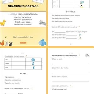 May include: A four-page educational worksheet set titled Oraciones Cortas 1, featuring Spanish reading exercises for children. The pages include vocabulary tables with illustrations of a bee and a fish, fill-in-the-blank sentences, and reading comprehension questions.