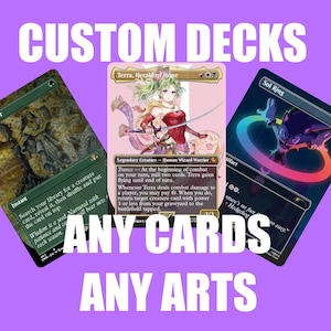 May include: Custom card decks are featured on a purple background. The cards include "Terra, Herald of Hope", "Sol Ring", and an instant card. The text "ANY CARDS ANY ARTS" is displayed in white.