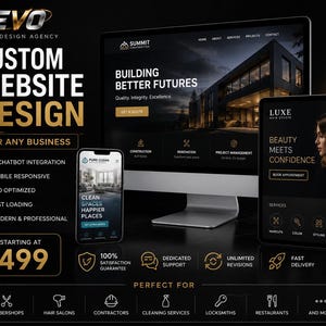 May include: A digital marketing graphic for EVO Web Design Agency featuring a computer monitor, tablet, and smartphone displaying website templates. Text includes Custom Website Design, AI Chatbot Integration, SEO Optimized, and Fast Loading.