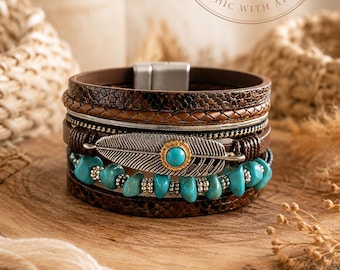 Boho Turquoise Wrap Bracelet | Magnetic Clasp Leather Bracelet | Boho Feather Charm Bracelet | Western Bohemian Jewellery | Festival Fashion