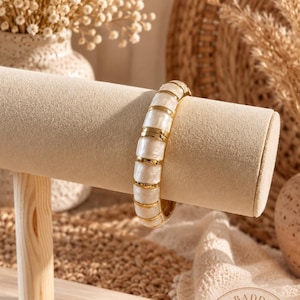 Ivory & Gold Hinged Bangle Bracelet | Boho Chic Statement Bracelet | Chunky Neutral Tone Bracelet | Elegant Boho Jewellery