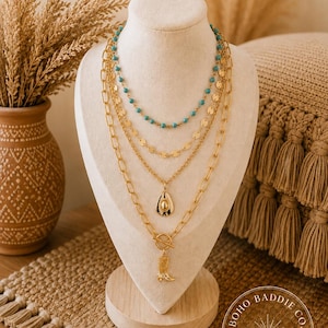 4 Piece Western Boho Necklace Set | Turquoise Beaded Gold Layering Necklaces | Versatile Bohemian Jewellery | Country Concert Jewellery