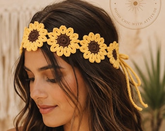 May include: A crochet sunflower headband featuring a series of yellow petals with dark brown centers, tied at the back with long yellow yarn strings. The accessory is constructed from yarn and displays a repeating floral pattern across the band.