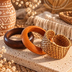 Boho Bracelet Stack | Wooden Bangle & Woven Cuff Bracelet Set | Earthy Brown Bohemian Bracelets | Stackable Statement Jewellery